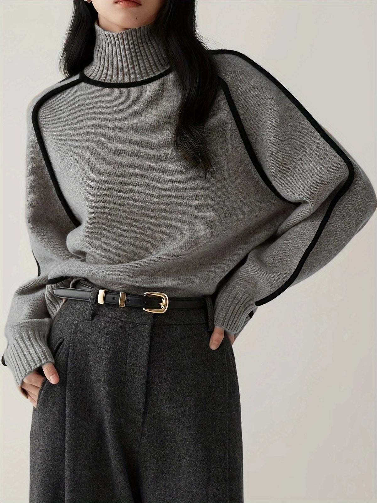 Ornella Contrast Piping Turtleneck Sweater