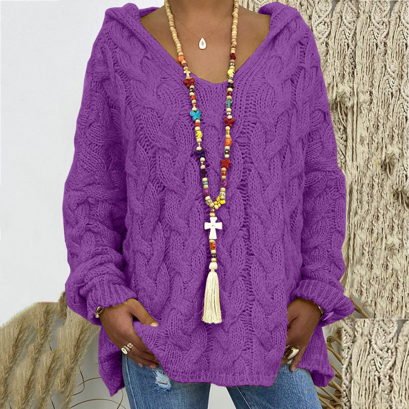 Women's Oversized Cable Knit Hooded Sweater V-Neck