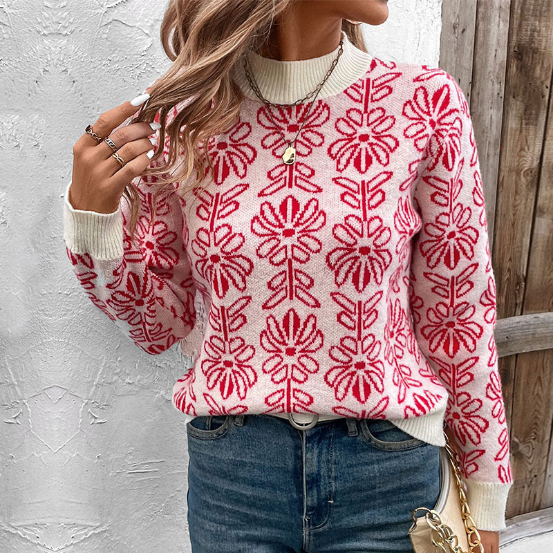 Women's Floral Knit Pullover with Mock Neck