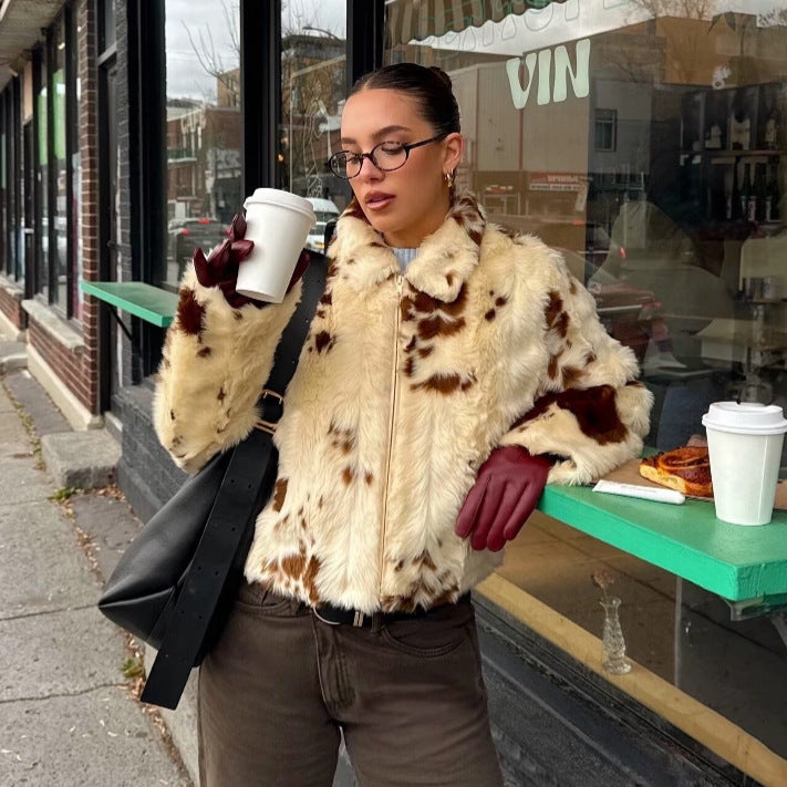 Women's Faux Fur Bomber Jacket with Spotted Pattern