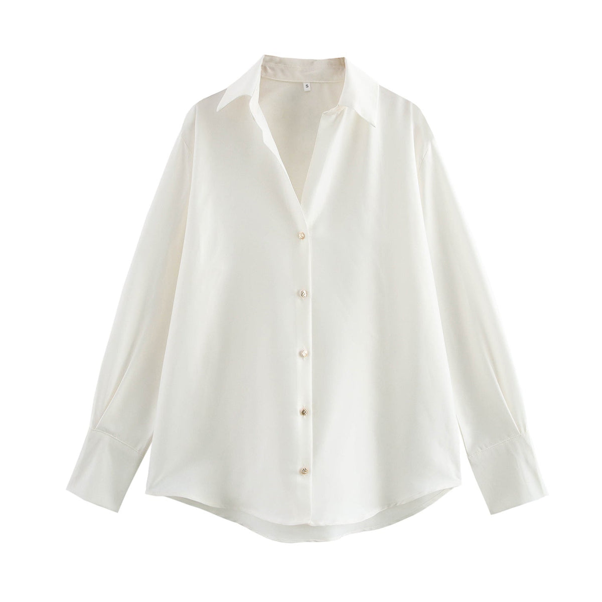 Women's Oversized Satin Button Up Blouse | Shirt Collar, Extended Cuffs, Rounded Hem | Sizes S to L, 9 Colors