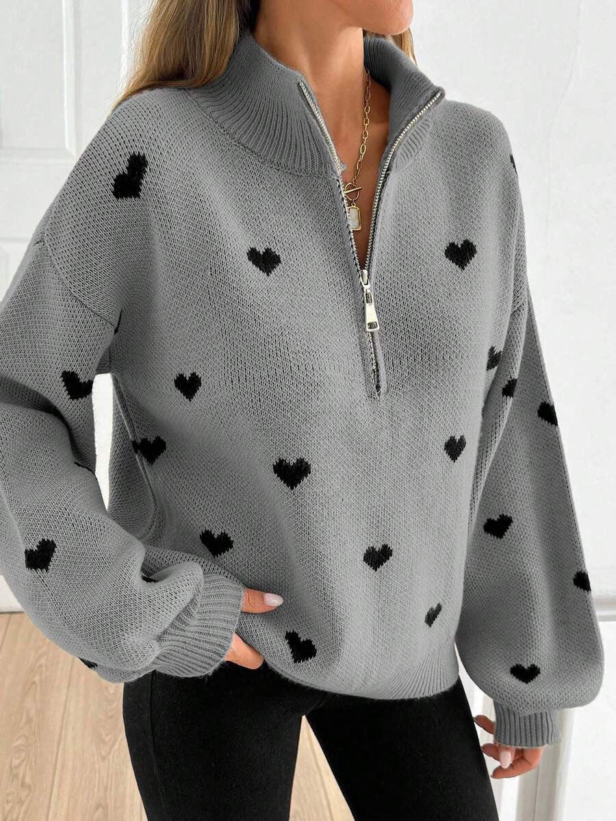 Signy Heart Print Quarter-Zip Sweater
