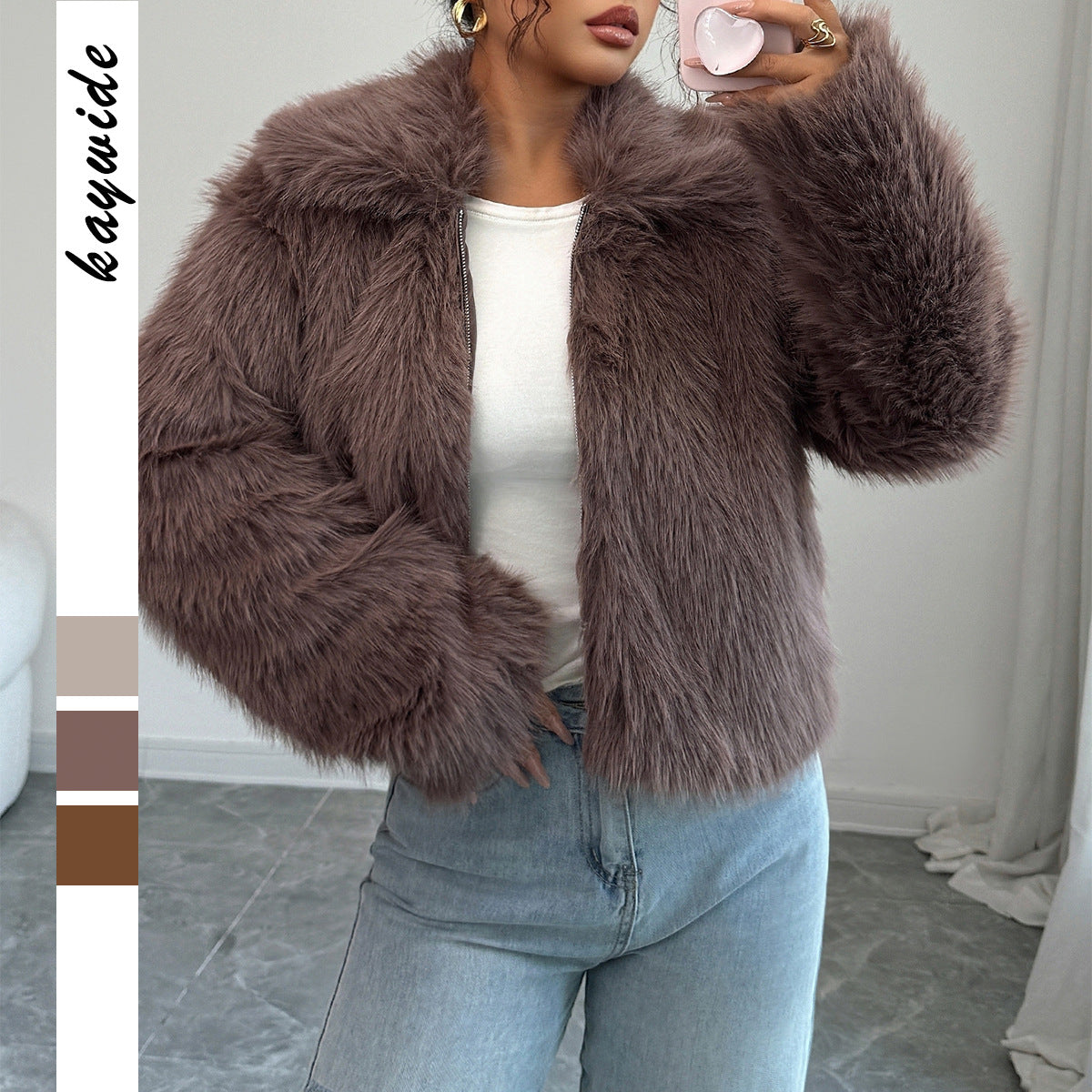 Women's Faux Fur Cropped Jacket with Stand Collar
