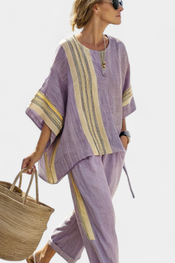 Isla | Women's set with lavender top and mustard pants