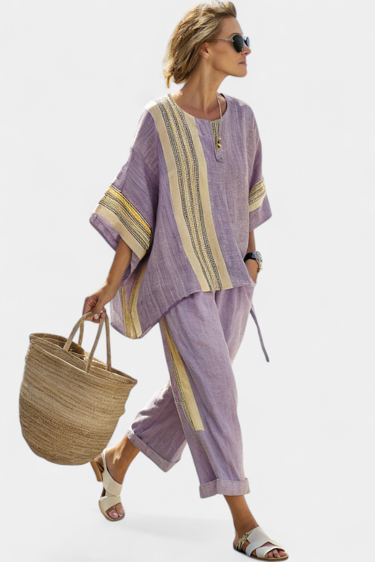 Isla | Women's set with lavender top and mustard pants