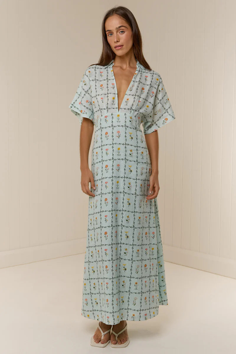 Aurelie Linen Floral Collared Maxi Dress