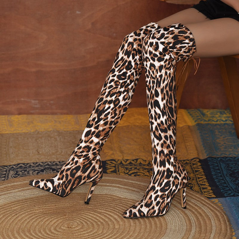Women's Thigh High Boots with a Pointed Toe | Stiletto Heel, Stretch Shaft, Leopard Print Option | Sizes 5.5-11, 2 Colors