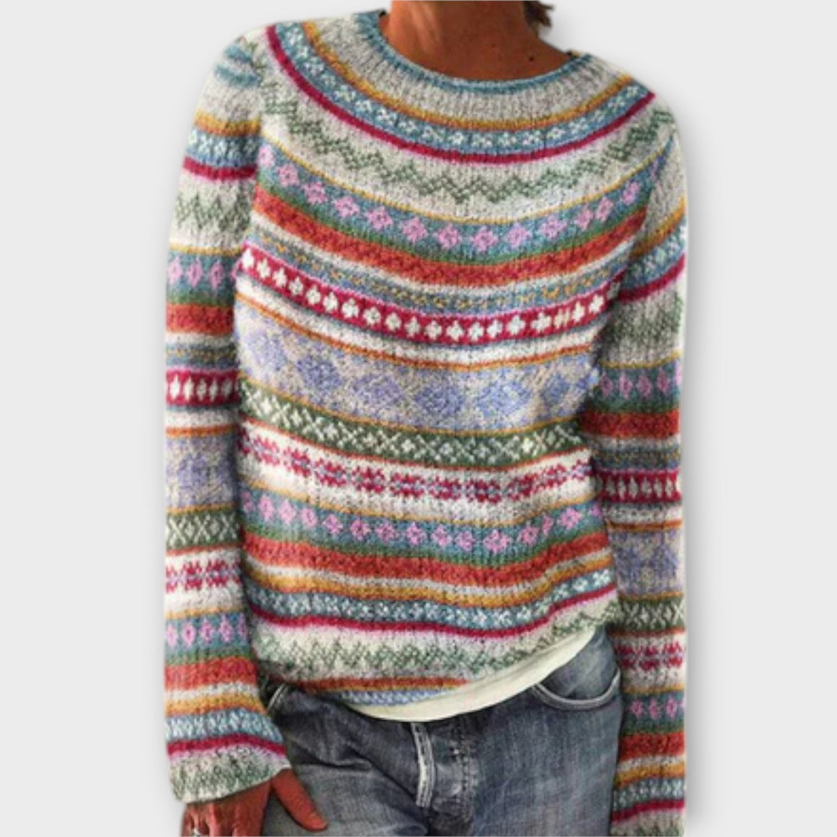 Women's Patterned Crew Neck Sweater, Long Sleeves, Knit Design