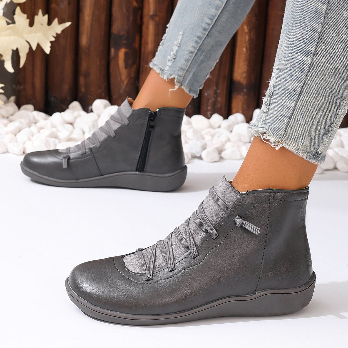 Women's Ankle Boots with Elastic Lacing and Side Zip | Leather Look Upper, Flexible Rubber Sole | Sizes 5.5-11, 6 Colors