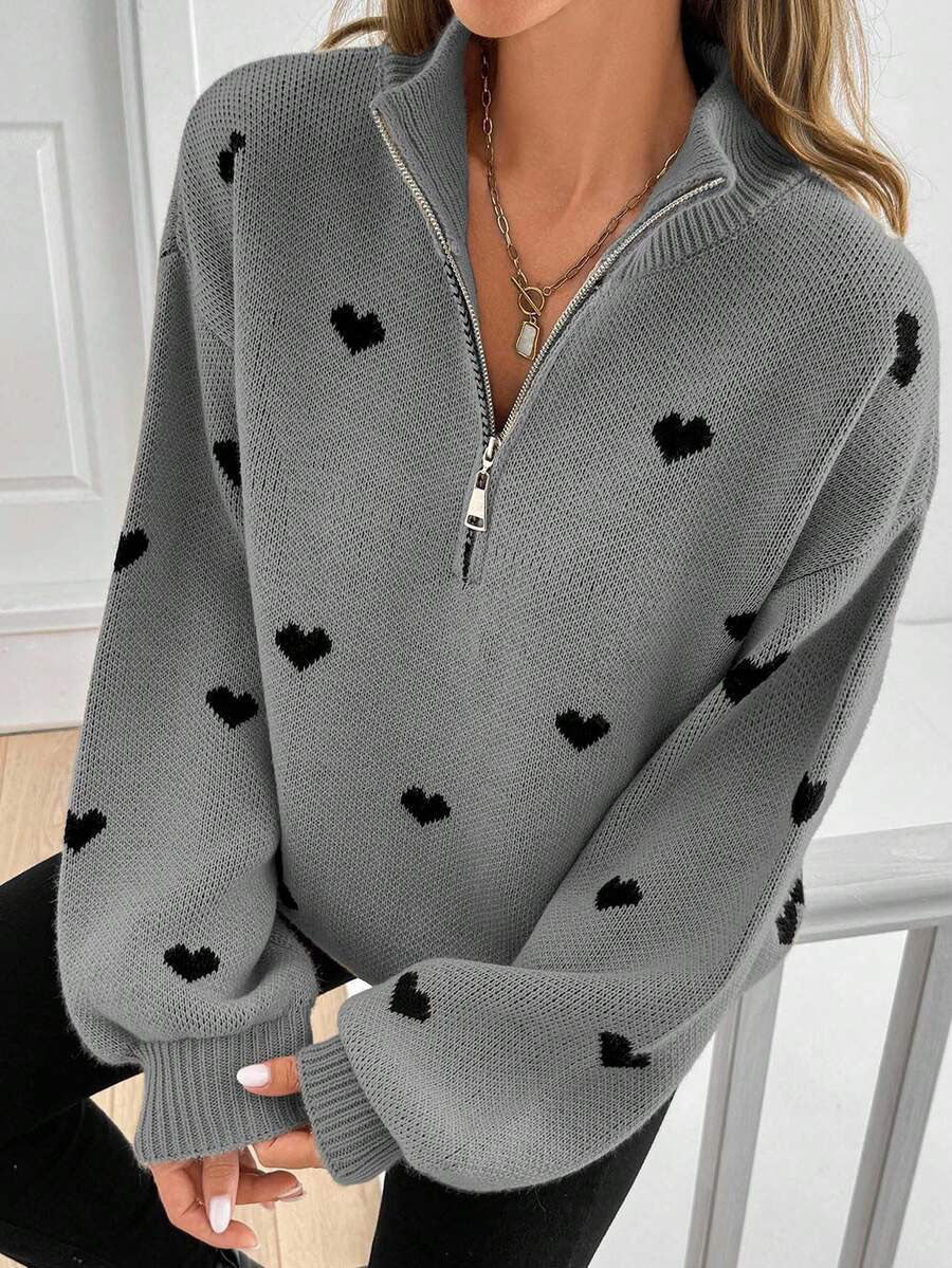 Signy Heart Print Quarter-Zip Sweater
