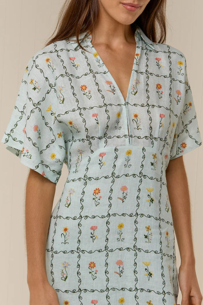Aurelie Linen Floral Collared Maxi Dress
