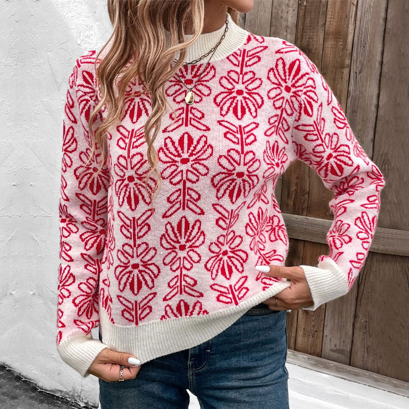 Women's Floral Knit Pullover with Mock Neck