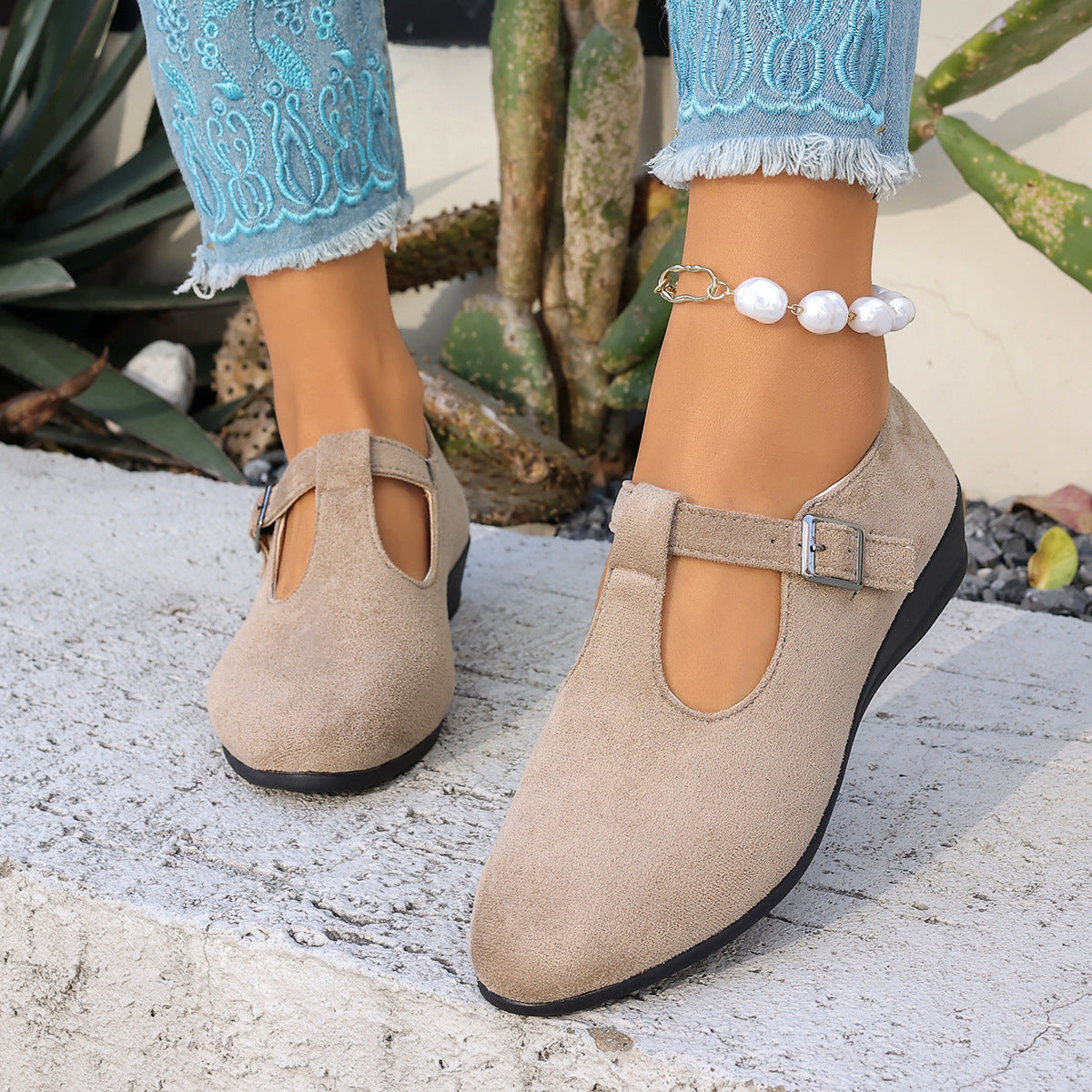 Cosette T-Strap Suede Wedge Mary Janes