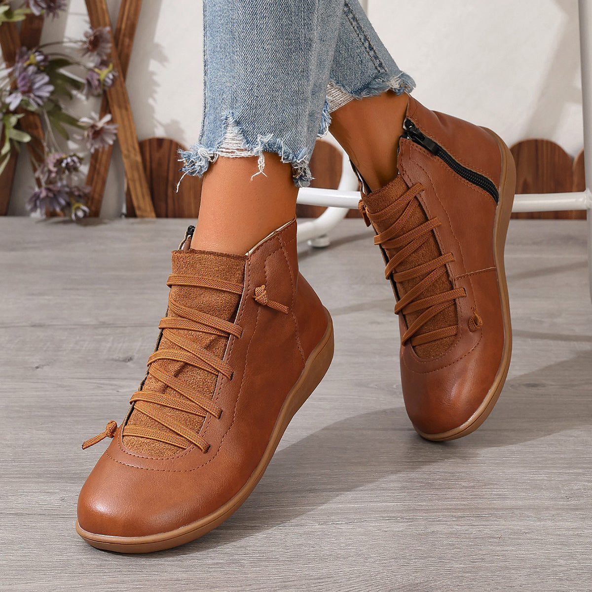 Women's Ankle Boots with Elastic Lacing and Side Zip | Leather Look Upper, Flexible Rubber Sole | Sizes 5.5-11, 6 Colors