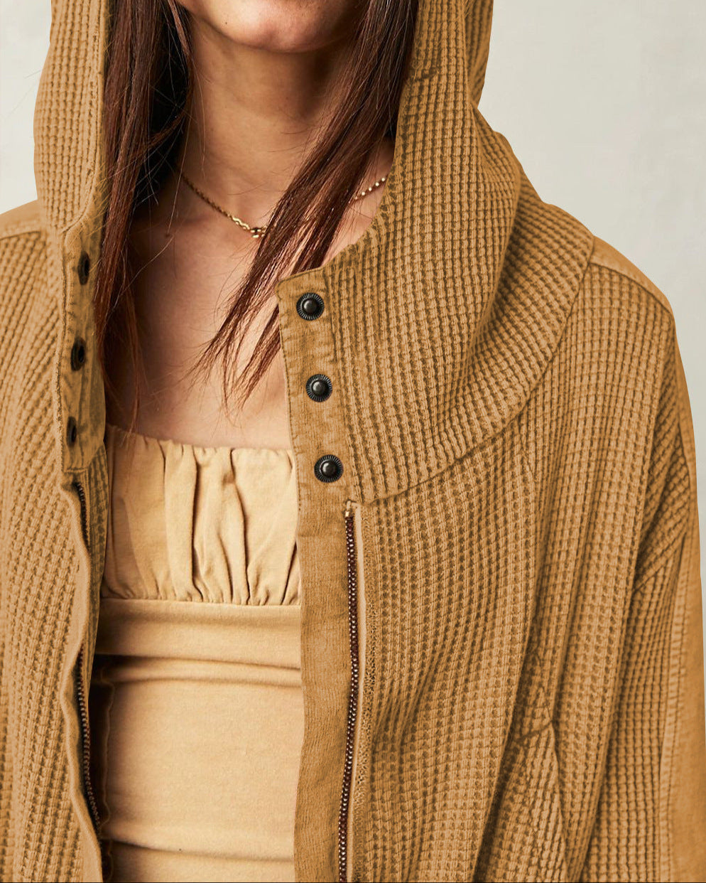 Christina | Womens Cropped Zip Hoodie in Waffle Cotton | Snug Hood, Textured Fabric | Pine, Blue and More S-XL