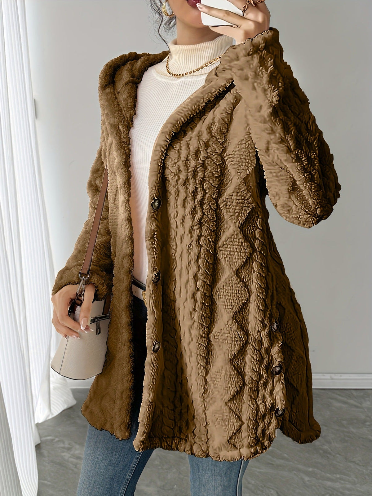 Embla Hooded Sherpa Fleece Button Jacket