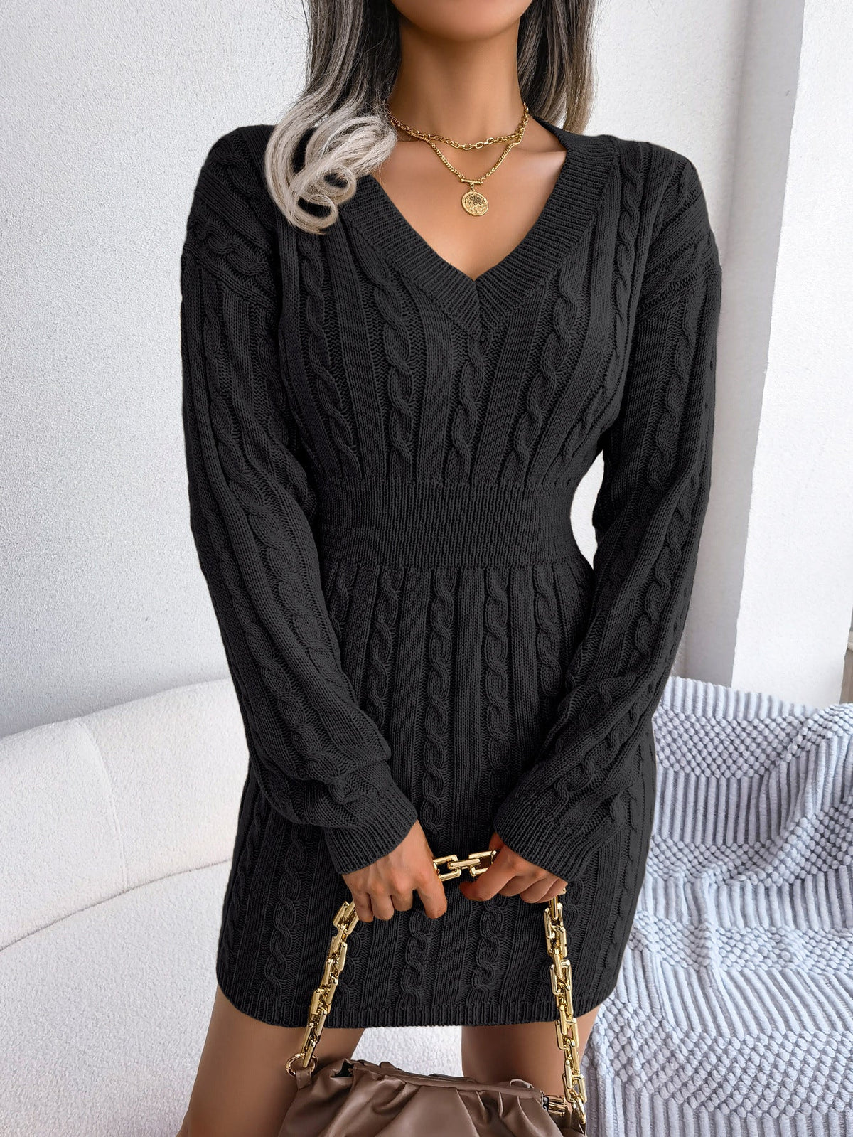 Michela Cable-Knit Smocked-Waist Sweater Dress