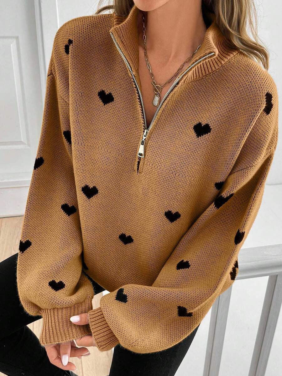 Signy Heart Print Quarter-Zip Sweater