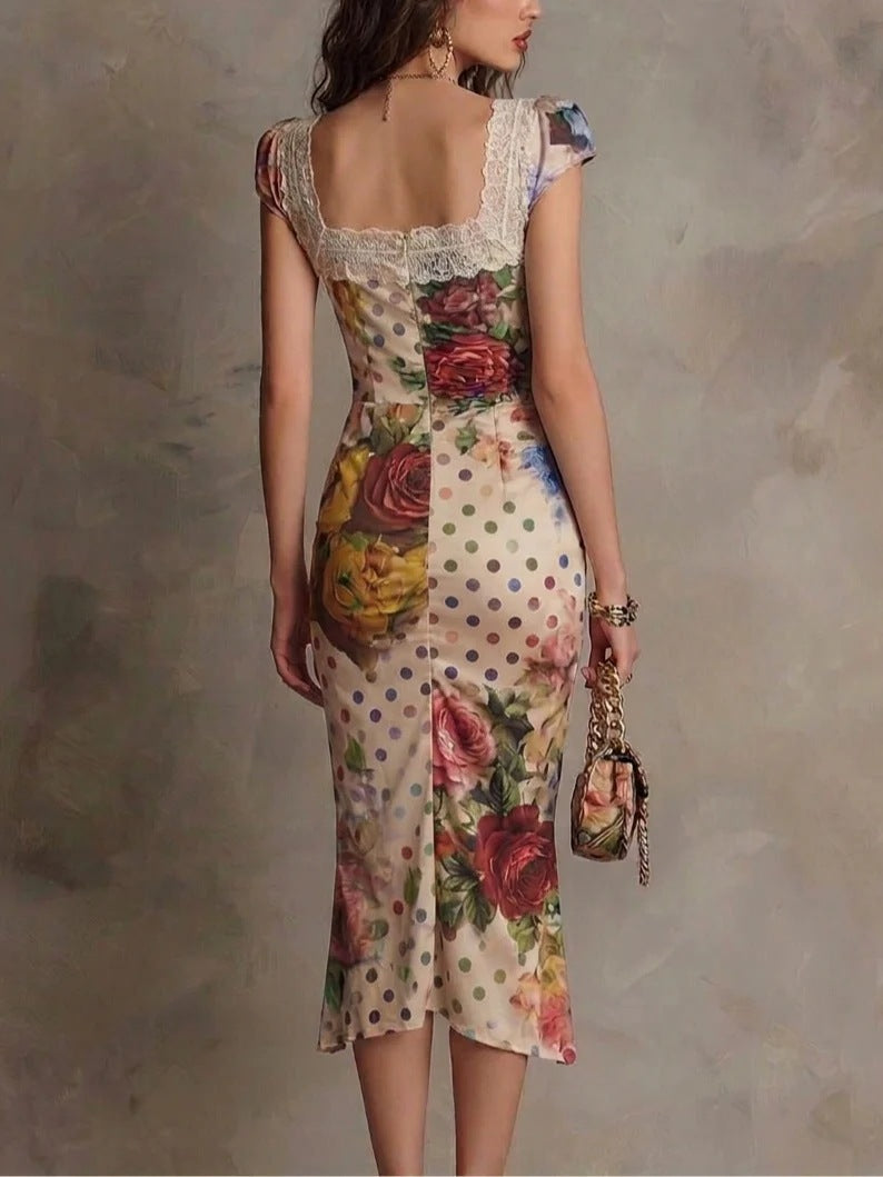 Midi Lace Dress | Ruched Bodycon Dress with Mixed Pattern