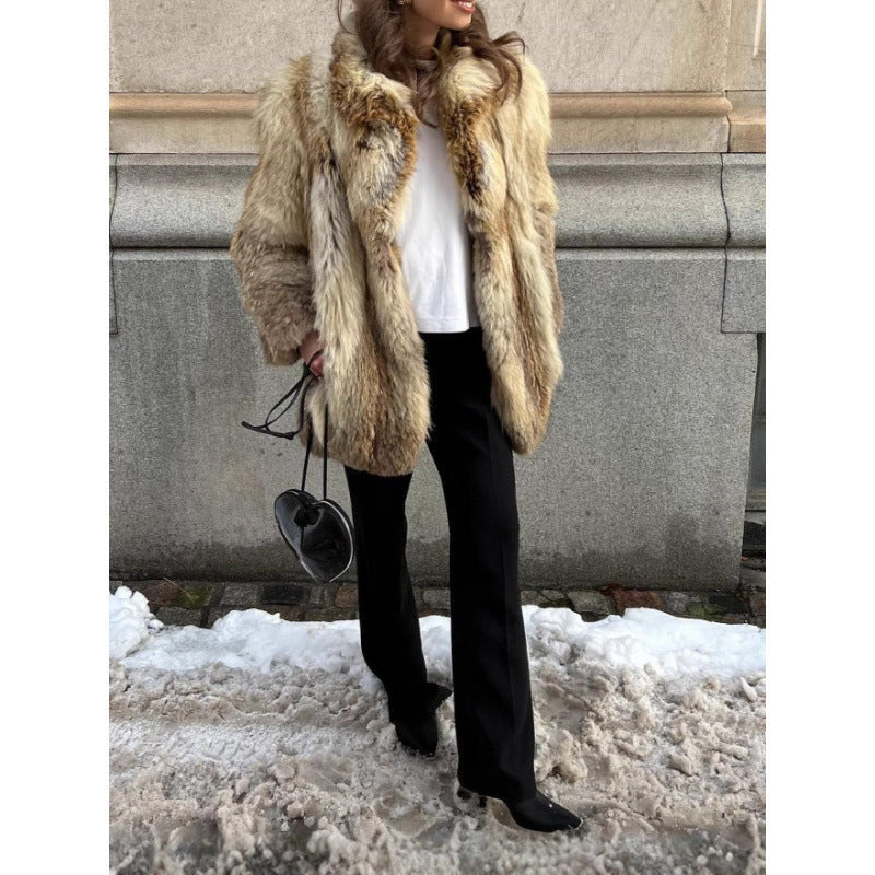 Women's Shaggy Faux Fur Coat with Stand Collar