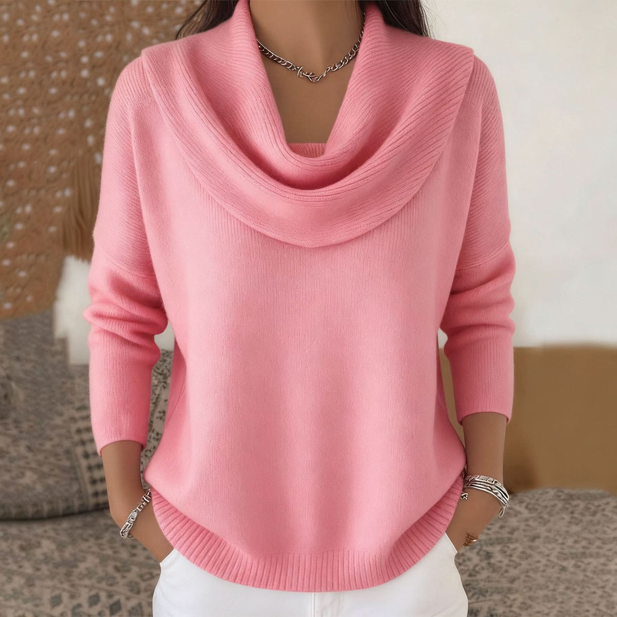 Natalie | Womens Cowl Neck Knit Sweater in Soft Cotton | Relaxed Fit, Office to Weekend | Red, Pink, Black and More S-3XL