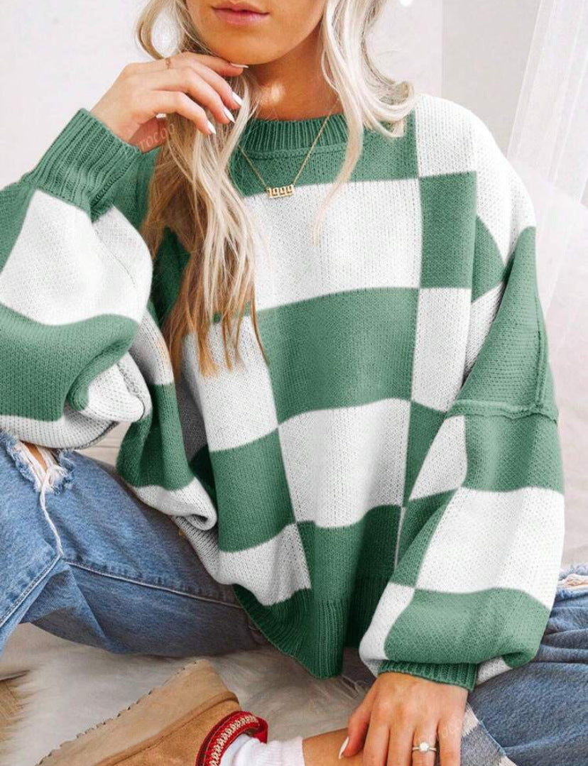 Aemilia Checkerboard Oversized Crew Sweater