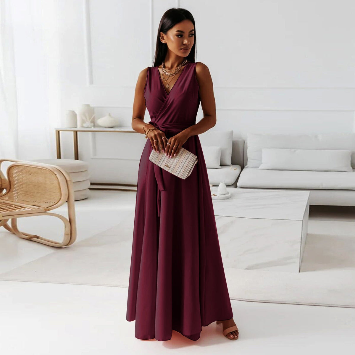 Women's Wrap Wedding Guest Maxi Dress – Flowy Formal Occasion Dress