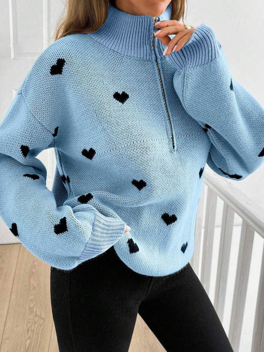 Signy Heart Print Quarter-Zip Sweater