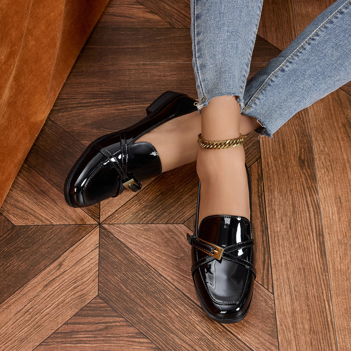 Ophelie Patent Square Toe Bar Loafers
