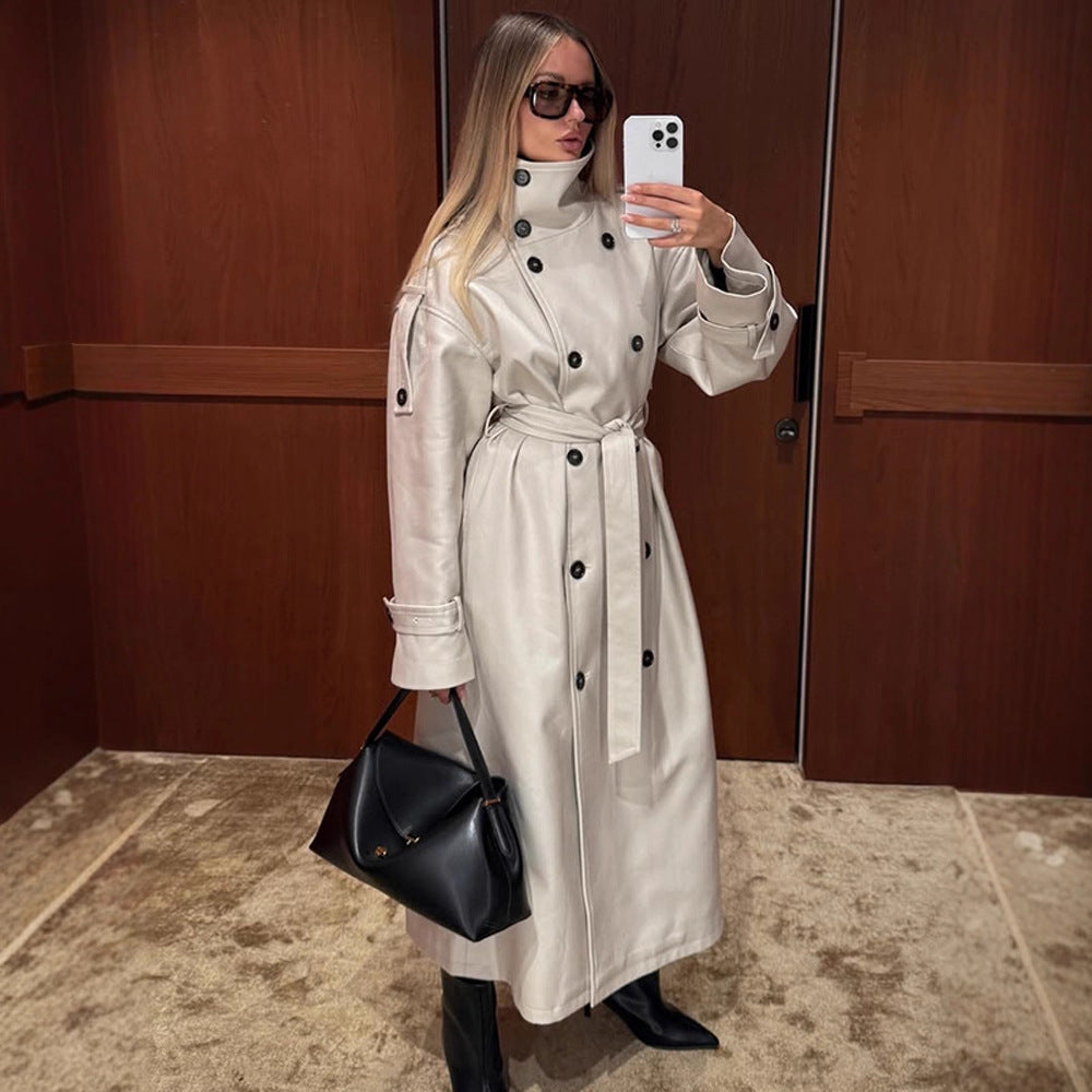 Women's Belted Trench Coat with High Collar