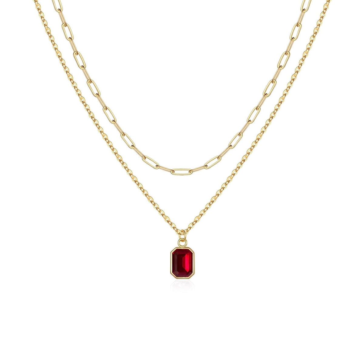 Layered Gold Necklace with Ruby Accent | Paperclip Chain