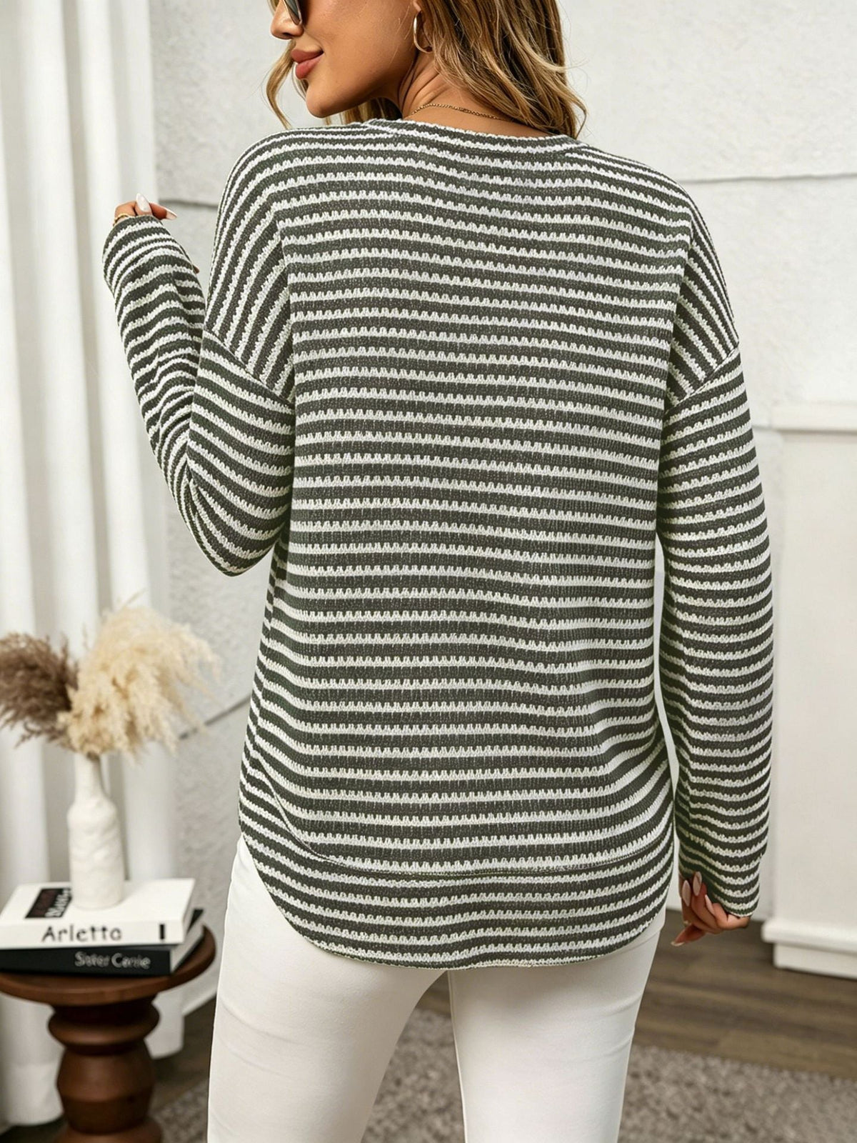 Alvina Waffle-Knit Crewneck Long Sleeve Top