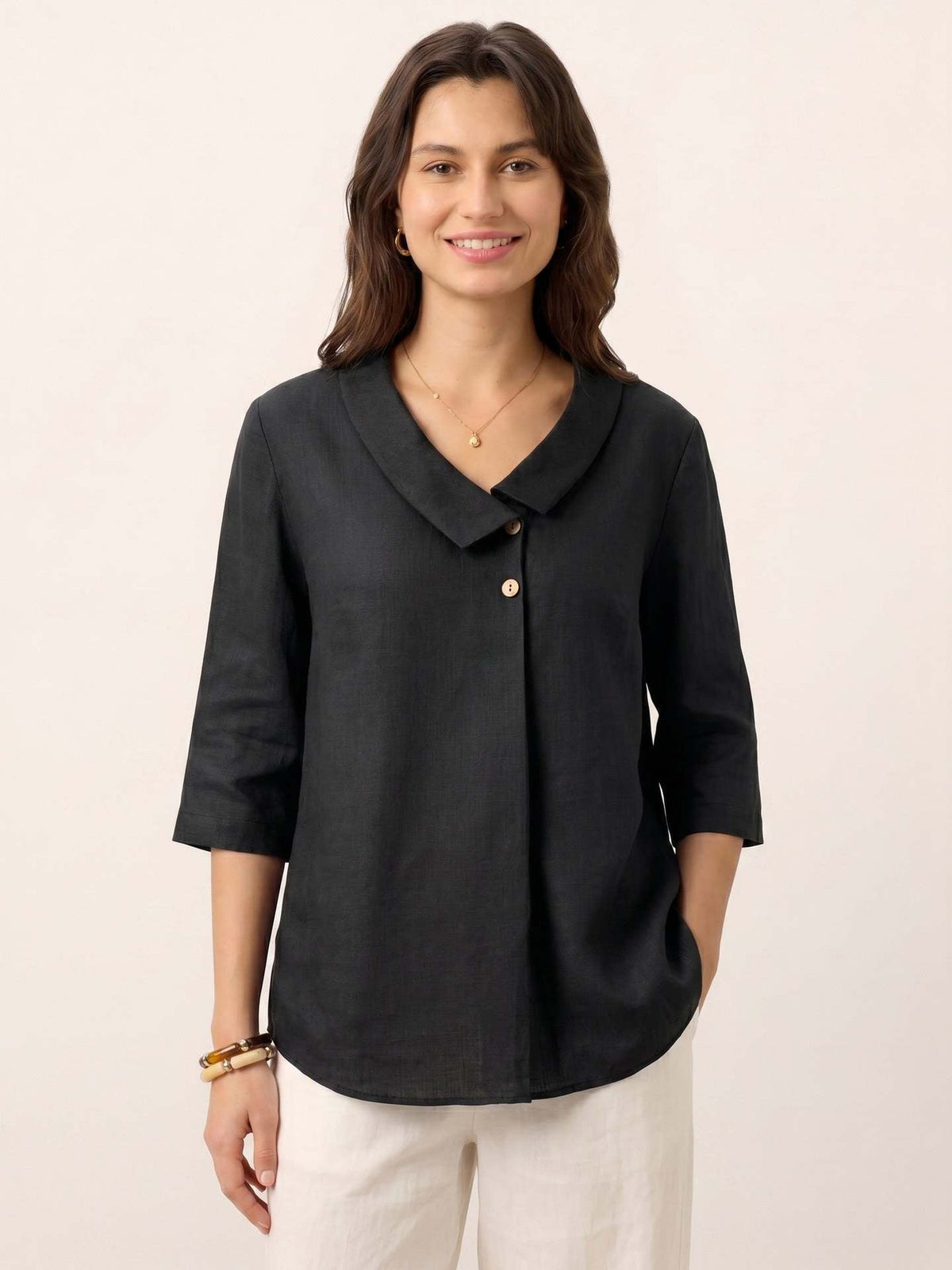 Bettina Draped-Collar Linen Tunic Blouse