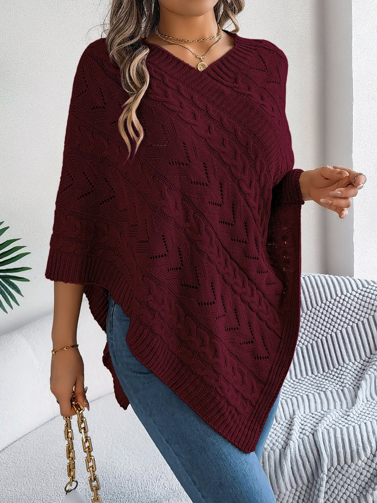 Dalila Cable Knit V-Neck Cape Poncho