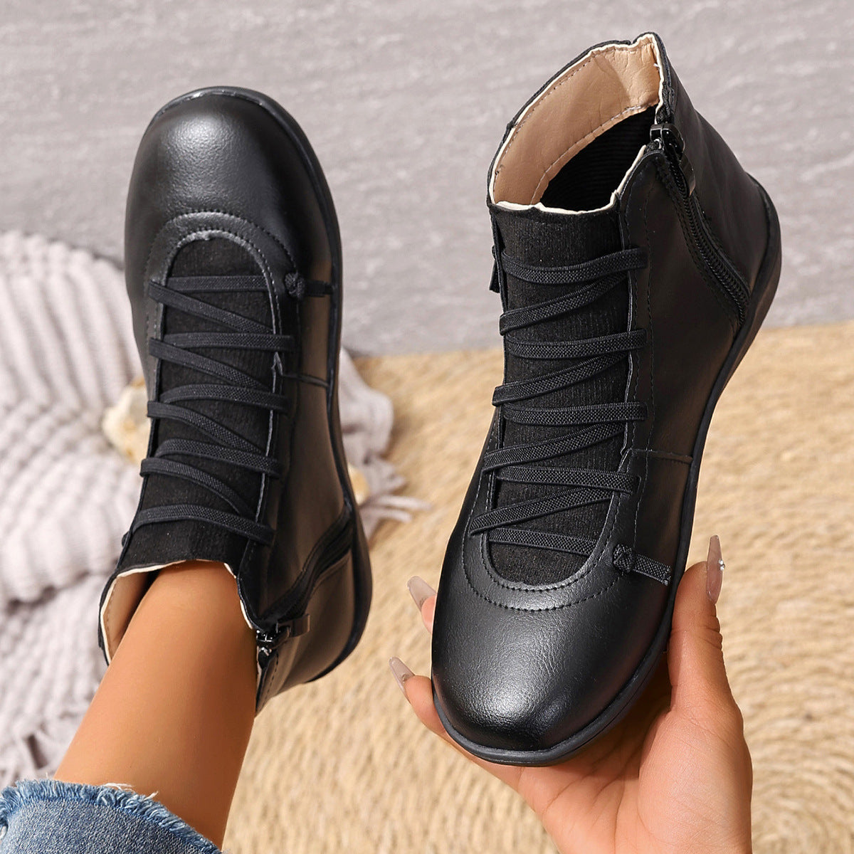 Women's Ankle Boots with Elastic Lacing and Side Zip | Leather Look Upper, Flexible Rubber Sole | Sizes 5.5-11, 6 Colors