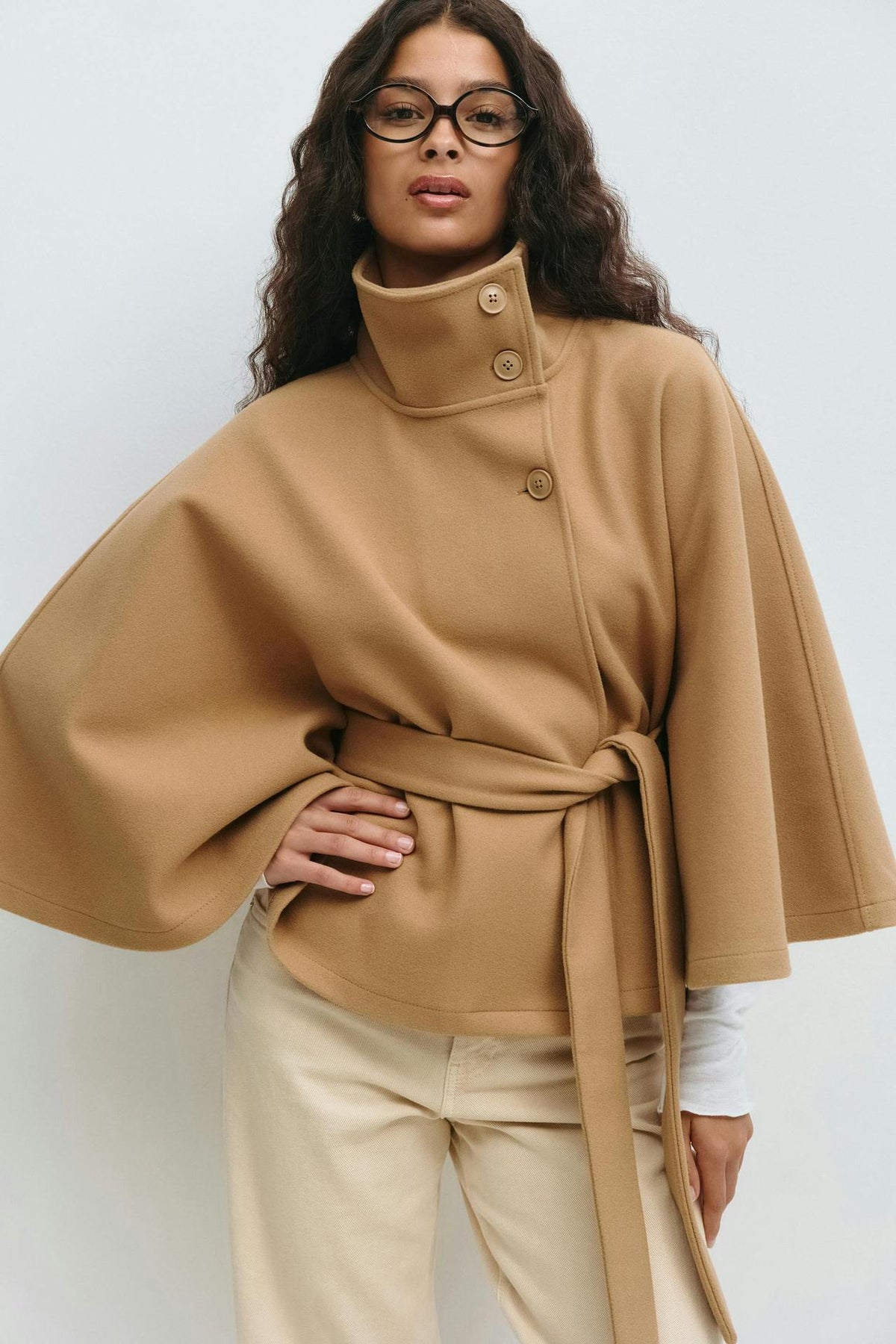 Anneke Button-Front Belted Cape Coat