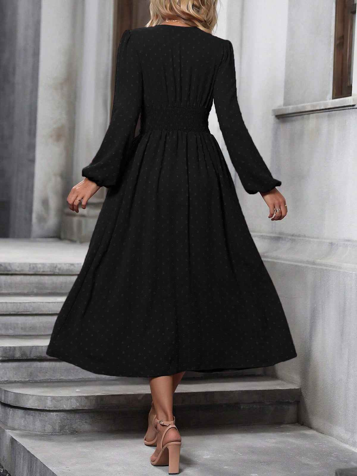 Fedora Swiss Dot Lantern Sleeve Midi Dress