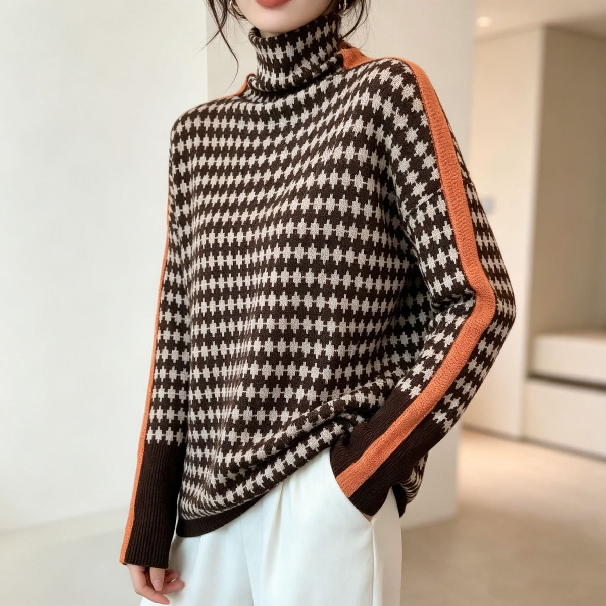 Women's Striped High Neck Pullover Sweater, Long Sleeves