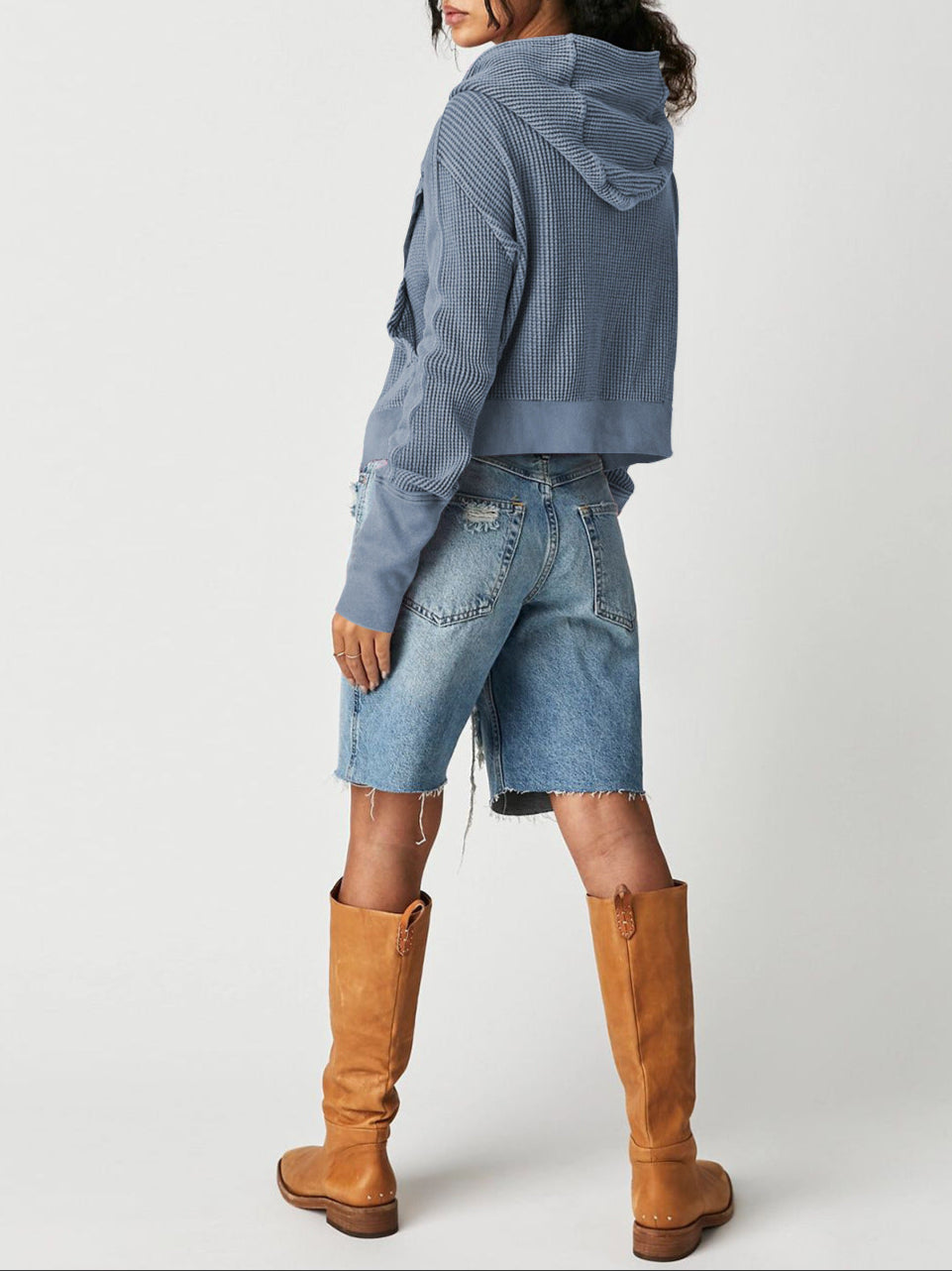 Christina | Womens Cropped Zip Hoodie in Waffle Cotton | Snug Hood, Textured Fabric | Pine, Blue and More S-XL