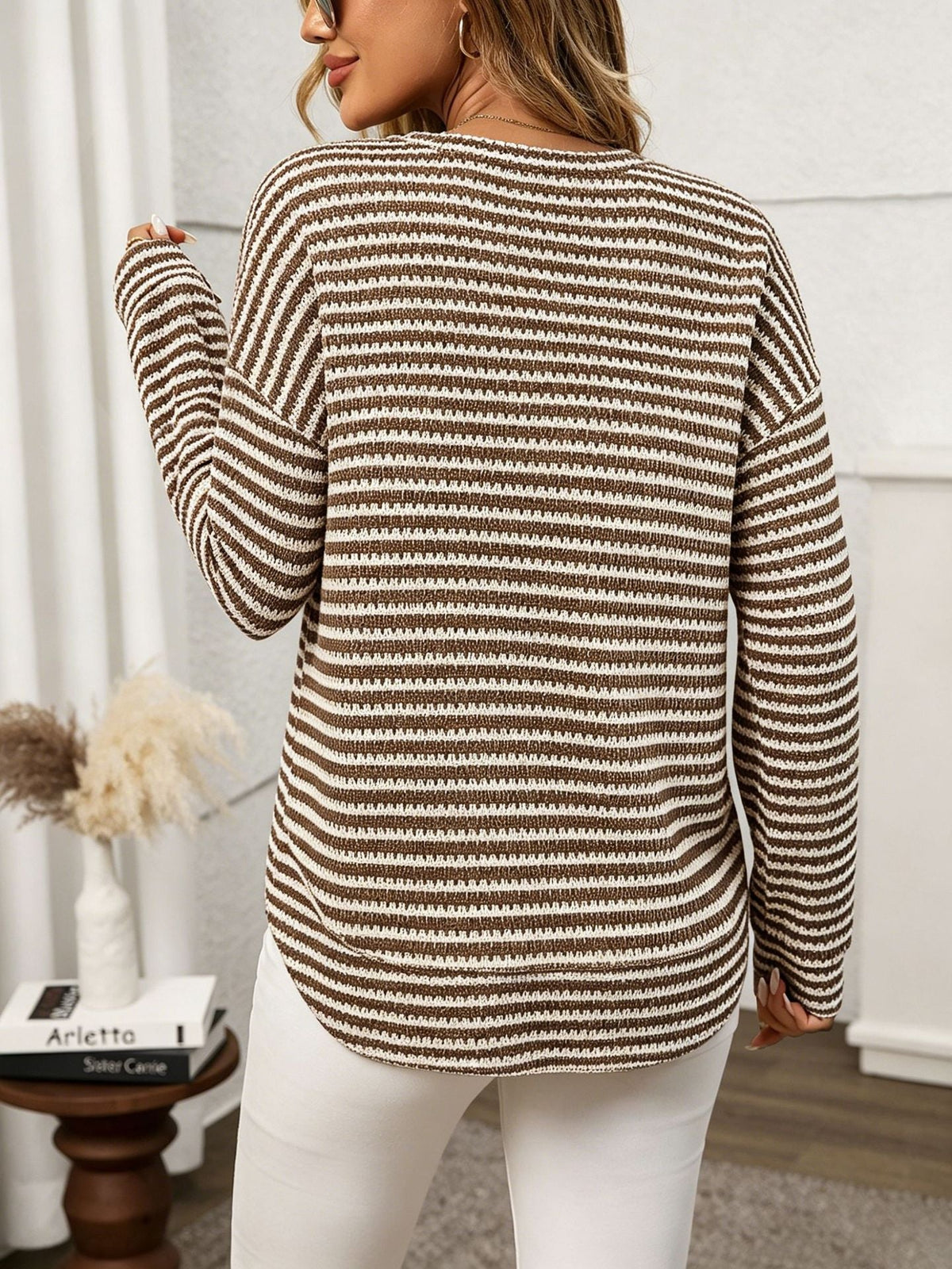 Alvina Waffle-Knit Crewneck Long Sleeve Top