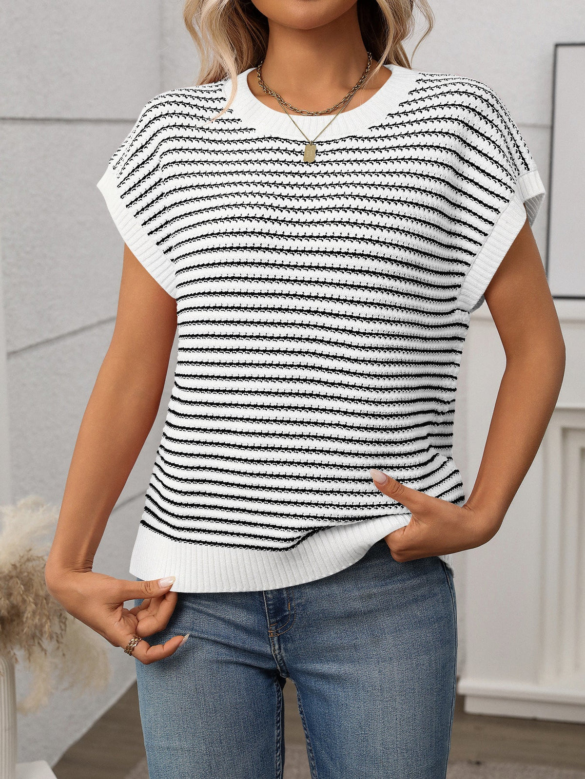 Irene Striped Textured Cap Sleeve Knit Top