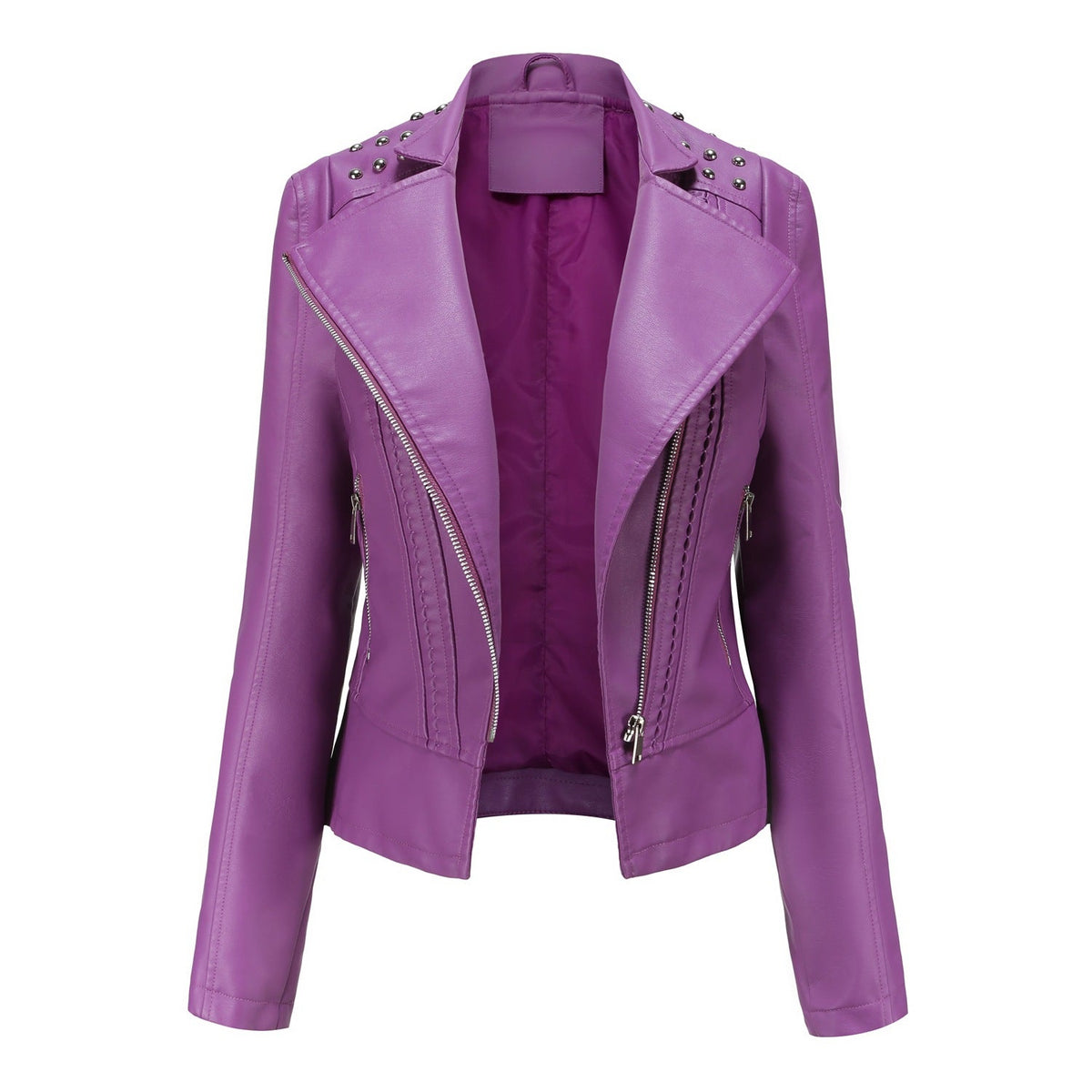 Women's Asymmetric Zip Moto Jacket with Stud Shoulder Detail