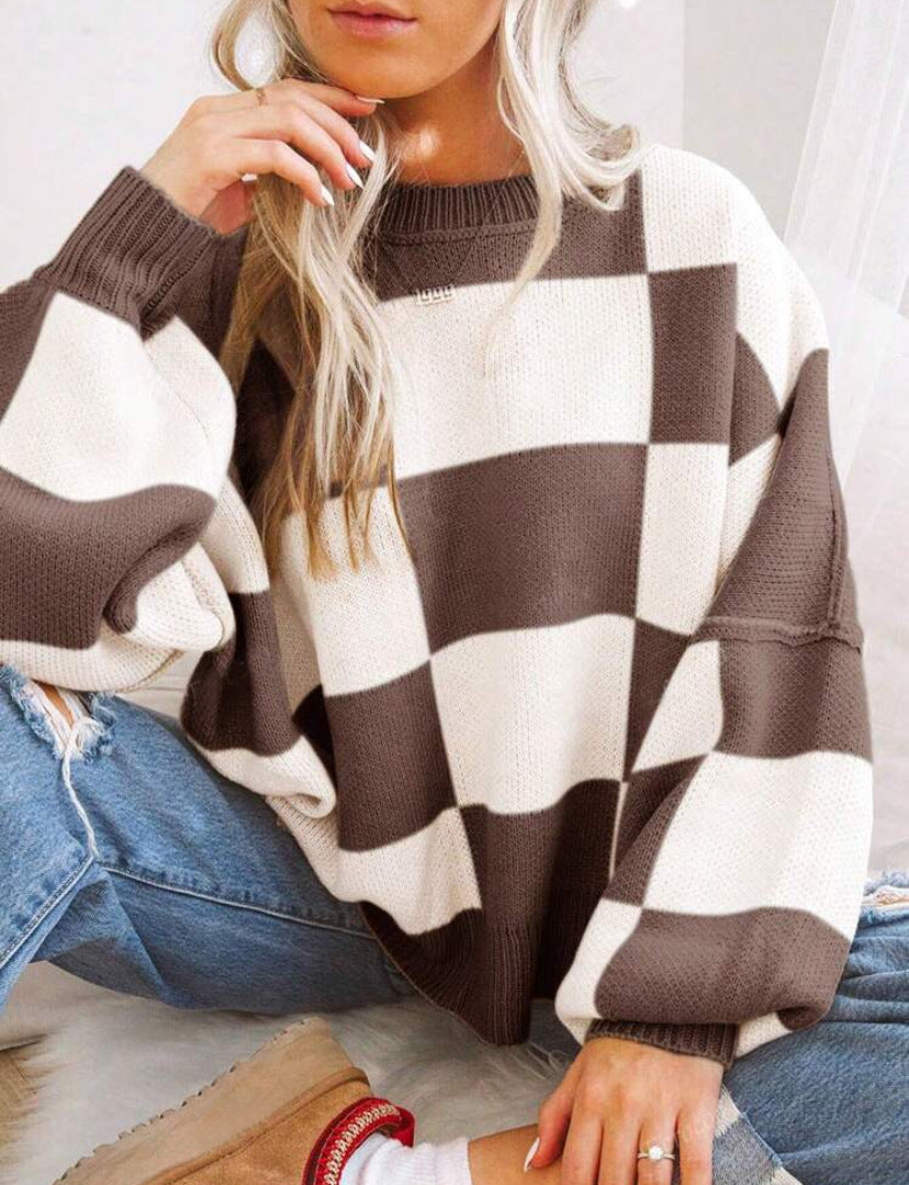 Aemilia Checkerboard Oversized Crew Sweater