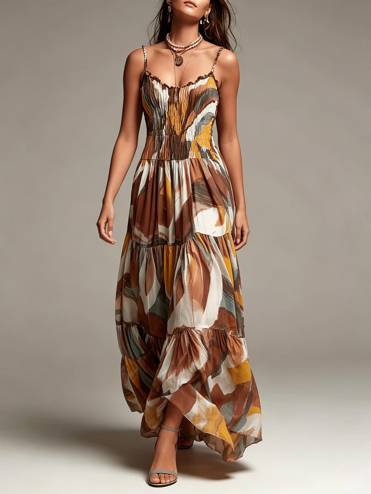 Ruffle Maxi Dress | Abstract Pattern & Shirred Bust