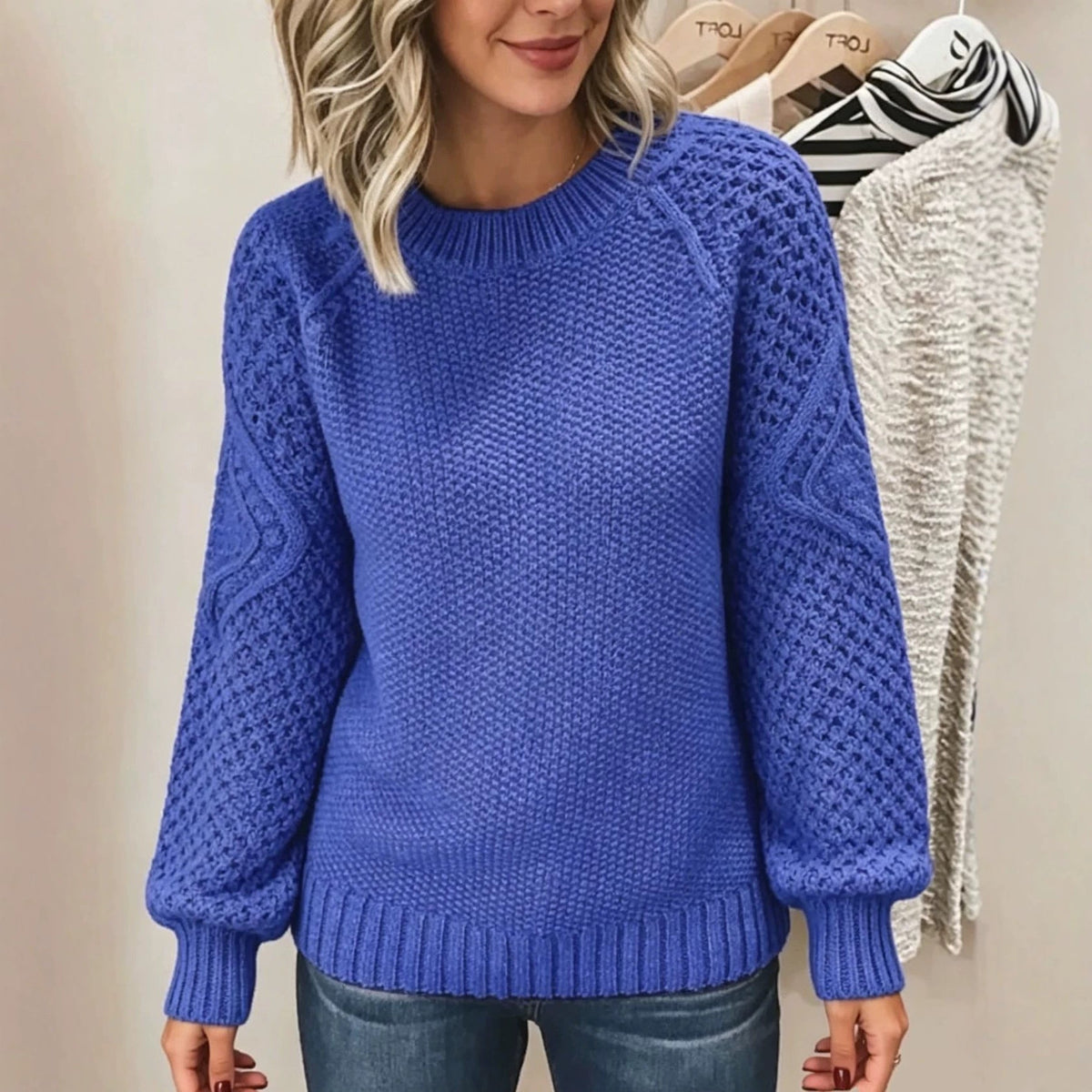 Women's Cable-Knit Sweater with Open-Knit Sleeves