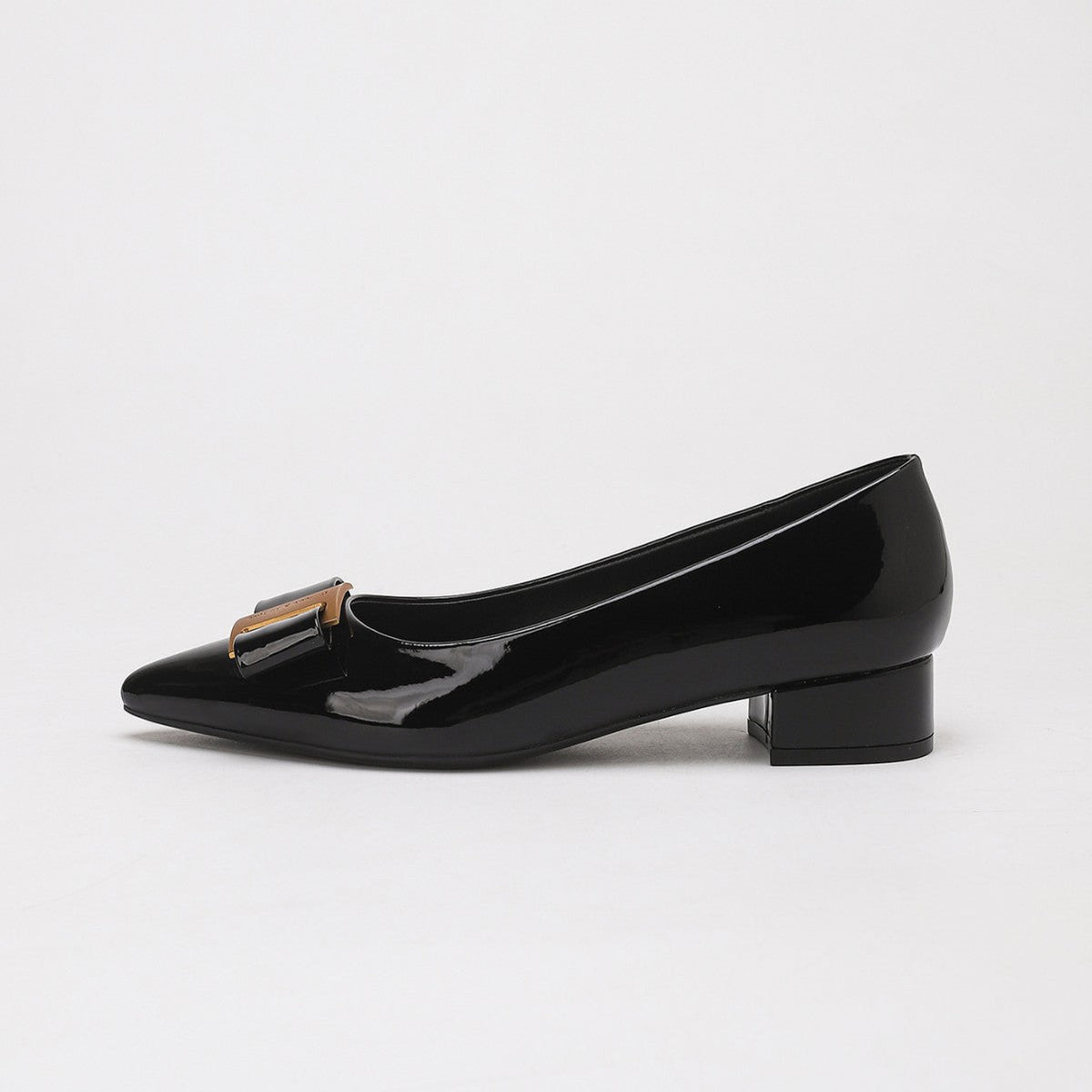 Isaure Patent Bow Buckle Low Block Heel Pumps