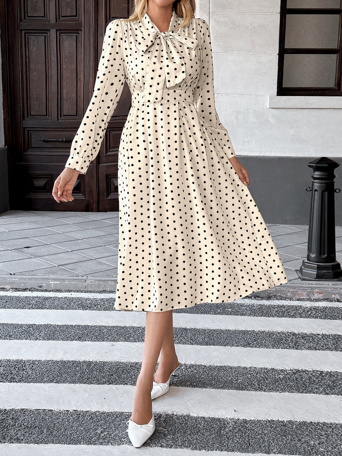 Vanja Polka Dot Tie Neck Pleated Midi Dress
