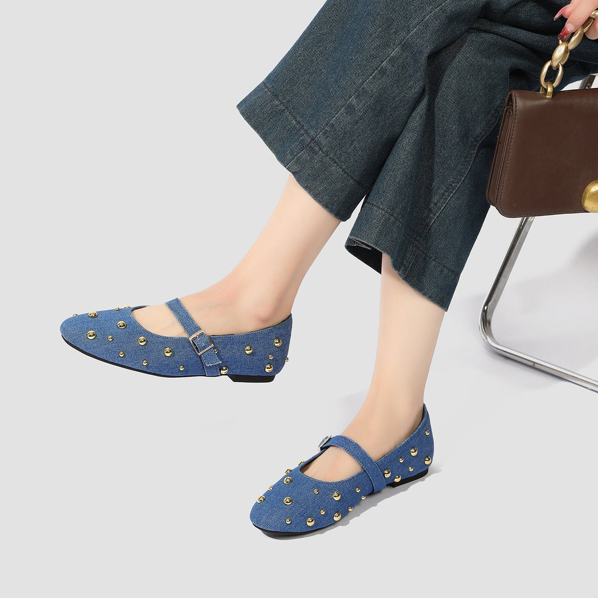 Flavia Studded Denim Mary Jane Flats