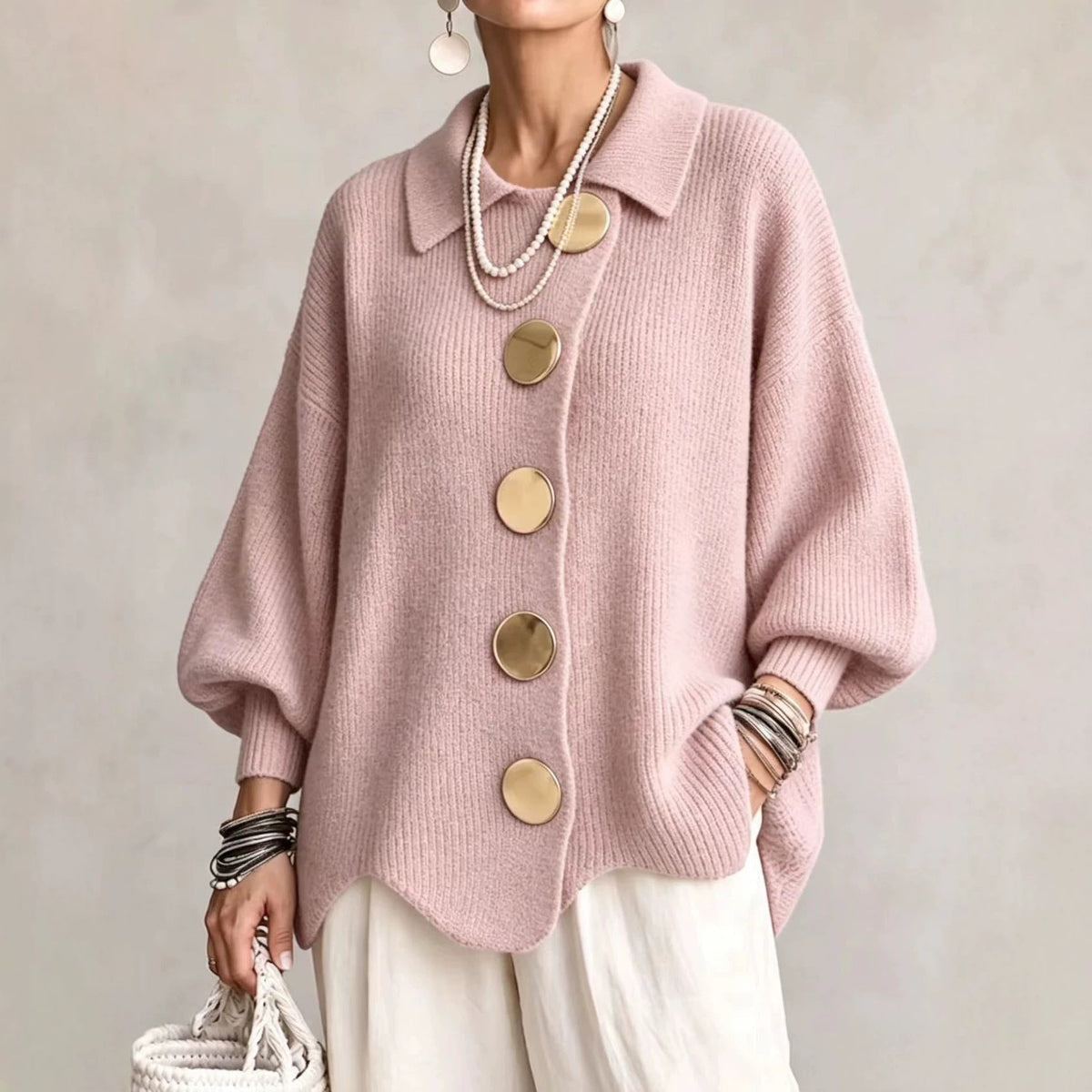 Women's Oversized Ribbed Cardigan, Collared Neck, Button Front