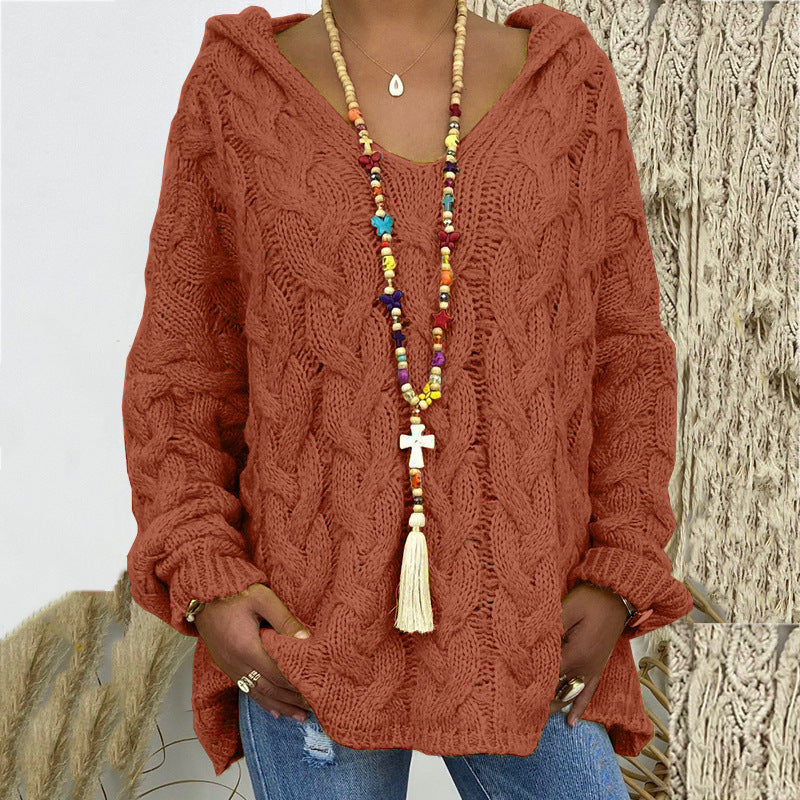 Women's Oversized Cable Knit Hooded Sweater V-Neck